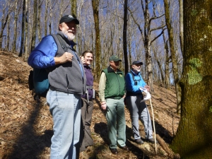 Standing on the Appalachian Trail, looking towards the Rice Creek tract: (L to R) Morgan Sommerville of the Appalachian Trail Conservancy, SAHC’s AmeriCorps Associate Caitlin Edenfield, and Dave Ferguson and Scotty Meyers with Cherokee National Forest.